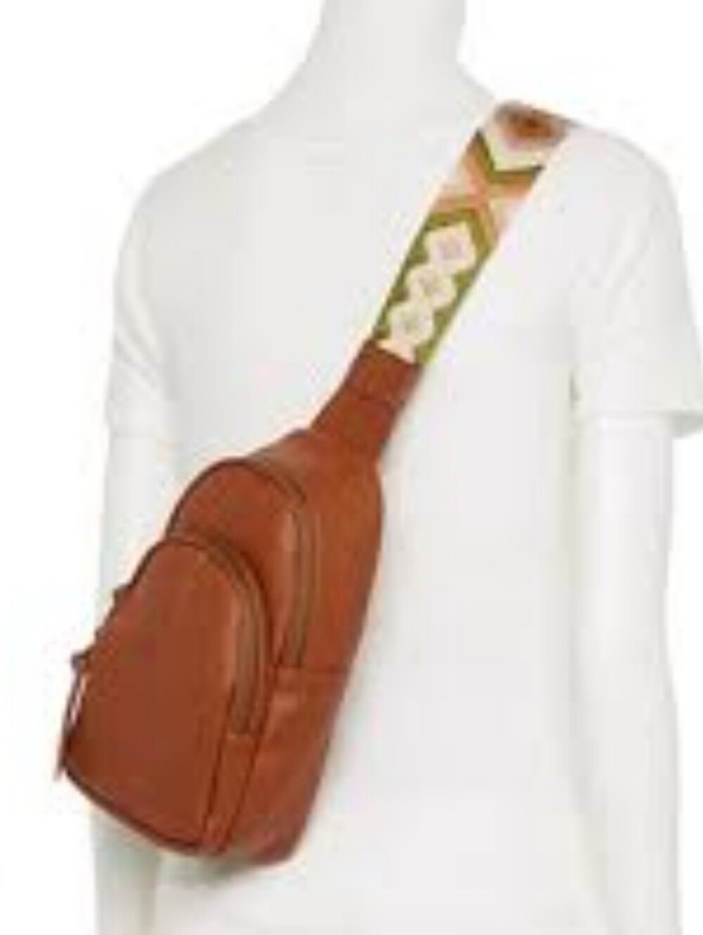 Sonoma Leather Crossbody Sling Bag w Geometric Patterned Strap Cognac Brown NWT
